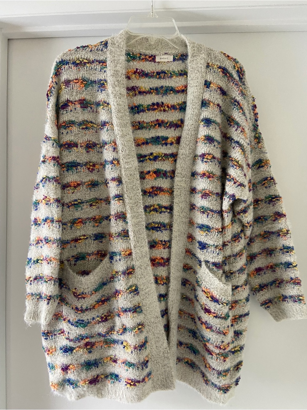 debut Cream Open-Front Cardigan with Multicolor Stripe Accents